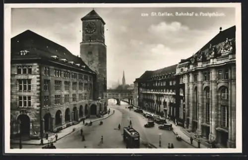AK Sankt Gallen, Bahnhof und Postgebäude, Strassenbahn