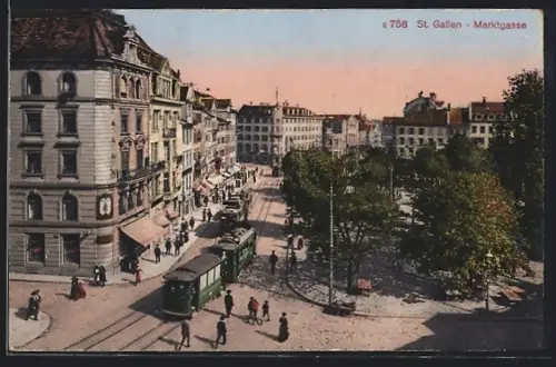 AK St. Gallen, Blick in die Marktgasse, Strassenbahn