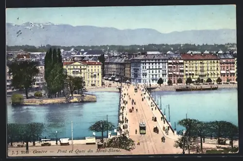 AK Genève, Pont et Quai du Mont-Blanc, Strassenbahn