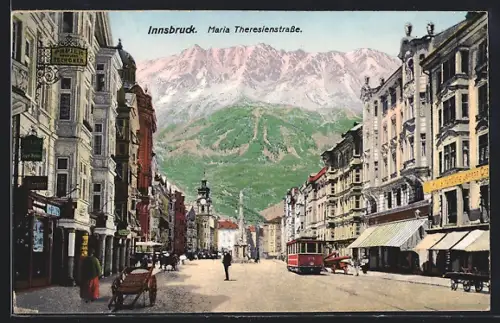 AK Innsbruck, Strassenbahn auf der Maria Theresienstrasse, Geschäfte