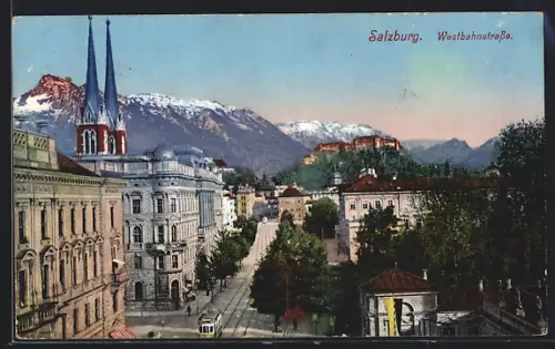 AK Salzburg, Westbahnstrasse mit aus der Vogelschau, Strassenbahn