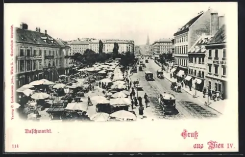 AK Wien, Naschmarkt mit Pferdebahn