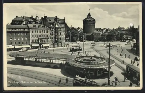 AK Nürnberg, Plärrer mit Spittlertor, mit Strassenbahnen