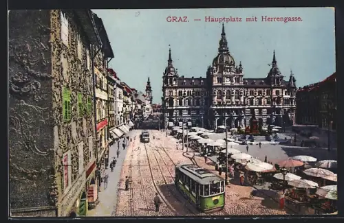 AK Graz, Strassenbahn am Hauptplatz mit Rathaus, Markttag