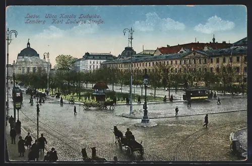 AK Lemberg, Karl Ludwigs-Strasse mit Strassenbahn