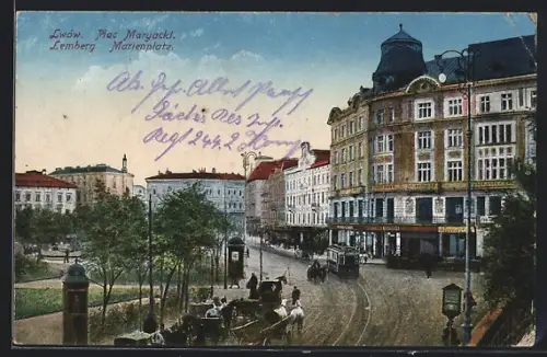 AK Lwów-Lemberg, Strassenbahn am Marienplatz
