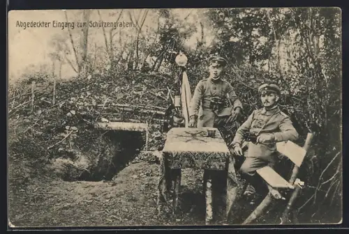 AK Abgedeckter Eingang zum Schützengraben, Offiziere mit Feldstecher