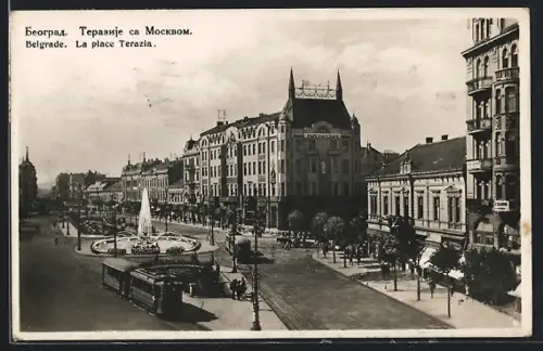 AK Belgrade, Strassenbahn am Place Terazia