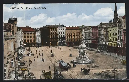 AK Linz a. D., Franz Josef-Platz mit Denkmal und Strassenbahn