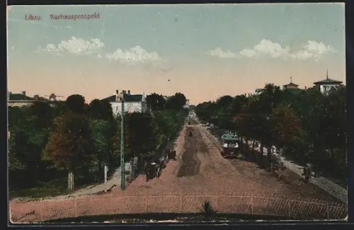 AK Libau, Kurhausprospekt mit Strassenbahn