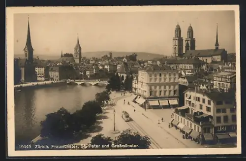 AK Zürich, Fraumünster, St. Peter und Grossmünster, Strassenbahn