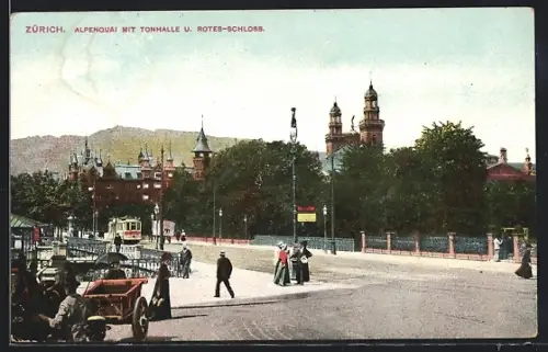 AK Zürich, Alpenquai mit Tonhalle und Rotes-Schloss