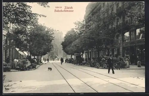 AK Zürich, Bahnhofstrasse mit Wochenmarkt