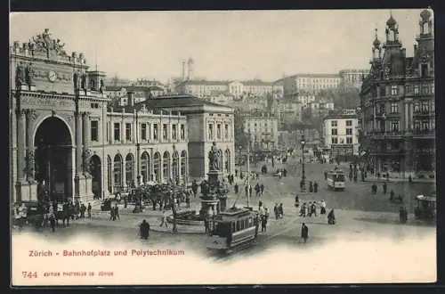 AK Zürich, Bahnhofplatz mit Strassenbahn und Polytechnikum