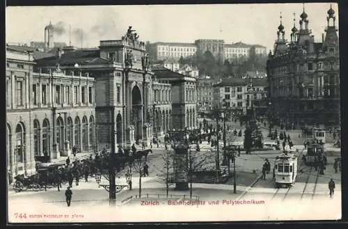 AK Zürich, Bahnhofplatz und Polytechnikum-Universität, Strassenbahn