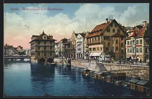 AK Zürich, Rathausquai und Zunfthäuser, Strassenbahn