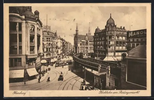 AK Hamburg, Hochbahn am Rödingsmarkt, U-Bahn, Strassenbahn