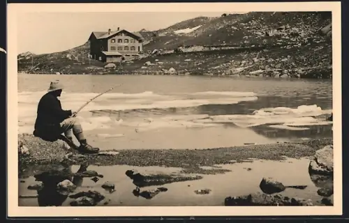 AK Flüelapass, Angler mit Blick zum Hotel Flüela-Hospiz