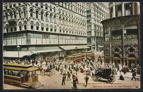 AK Chicago, State and Madison Sts., Strassenbahn, buntes Treiben