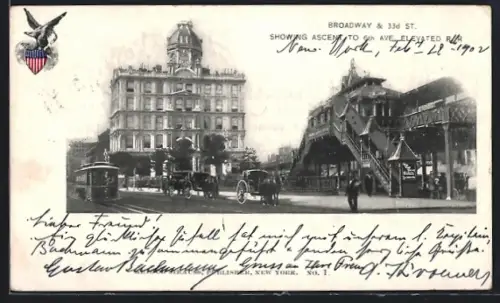 AK New York, NY, Broadway & 33d st., Pferdekutschen u. Lokomotive