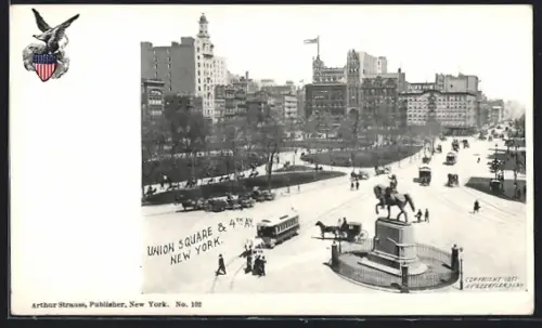 AK New York, Union Square & 4th Avenue, Strassenbahn, Pferdekutsche