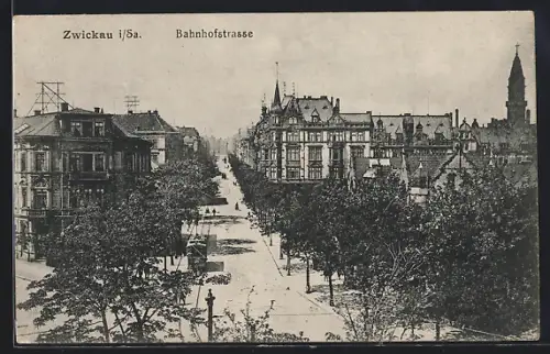 AK Zwickau i. Sa., Bahnhofstrasse mit Strassenbahn