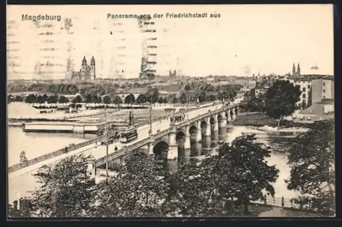 AK Magdeburg, Panorama mit Strassenbahn von der Friedrichstadt aus