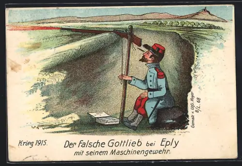 AK Der falsche Gottlieb bei Eply, Franzose im Schützengraben feuert Gewehr mit Vorrichtung ab