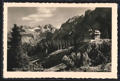 AK Gablonzer-Hütte Dachsteinblick, Berghütte mit Dachsteingebirge und Gosaukamm