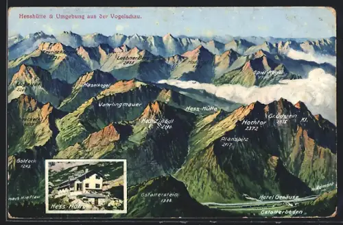 AK Hesshütte, Hütte und Umgebung aus der Vogelschau, Leobner Berg, Spiel-Hogel, Hochtor, Goldeck, Hotel Gesäuse