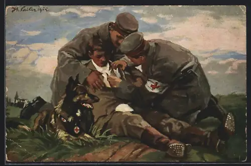 Künstler-AK Vom Sanitätshund aufgestöberter Verwundeter wird verbunden
