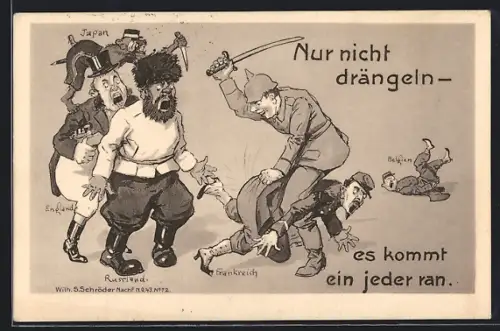 AK Nur nicht drängeln..., Feldgrauer verdrischt Frankrich, Russland, Engalnd, Japan, Belgien