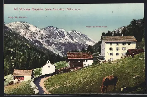 AK Bedretto, Ospizio All`Acqua, Totalansicht mit St. Giacomo un Nüfenen Gries