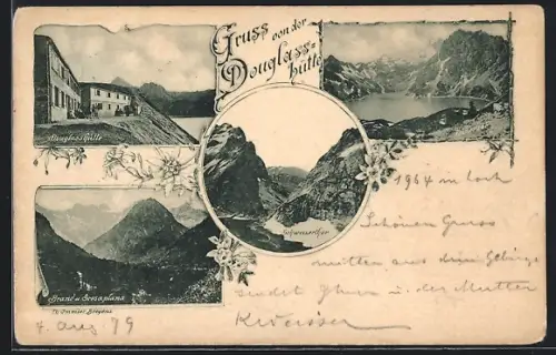 AK Douglashütte, Blick zur Berghütte, Brand u. Seesaplana, Schweizertor