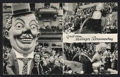 AK Mainz, Karneval, Rosenmontagsumzug, Pappmachée-Figuren, Publikum