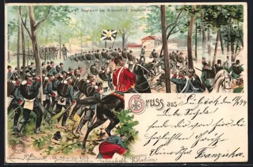 Lithographie 60. und 67. Regiment bei Gravelot (St. Hubert)