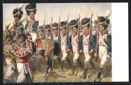 Künstler-AK Anton Hoffmann - München: Soldaten beim Aufmarsch mit Kavallerie und Infanterie, Hornisten