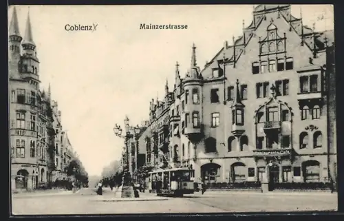 AK Coblenz, Mainzerstrasse mit Strassenbahn, Restaurant-Cafe