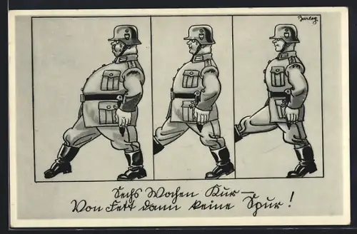 Künstler-AK Ferdinand Barlog: Soldatenhumor, Sechs Wochen Kur - Von Fett dann keine Spur!