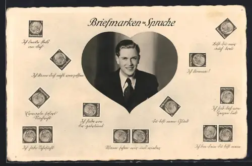 AK Briefmarkensprache für Verliebte, junger Herr im Herzrahmen