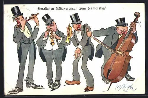 Künstler-AK Fritz Schönpflug: Schräges Musikquartett mit roten Nasen spielt auf, Namenstagsgruss