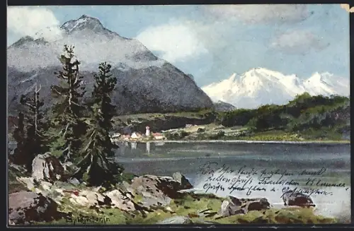 Künstler-AK Splitgerber: Alpen, Blick über einen Fluss auf ein Dorf in den Alpen