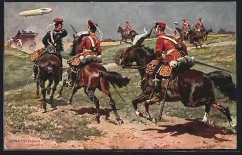 Künstler-AK Anton Hoffmann - München: Kavallerie folgt dem Auto und dem Zeppelin