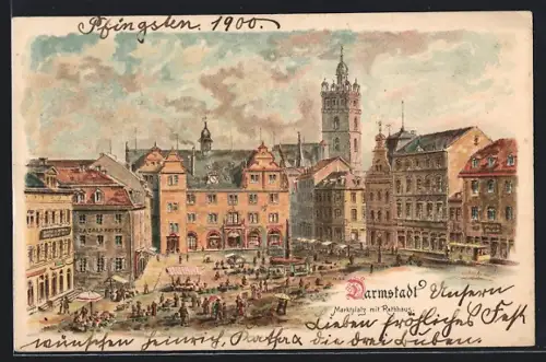 Lithographie Darmstadt, Marktplatz mit Rathaus