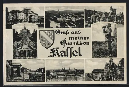 AK Kassel, Schloss, Herkules und Kaskaden, Rathaus, Hafenbrücke, Wappen