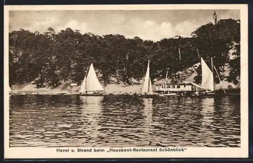 AK Berlin-Grunewald, Hausboot-Restaurant Schönblick, Bes. A. Merkel, Strand an der Havel