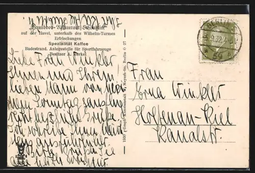 AK Berlin-Grunewald, Hausboot-Restaurant Schönblick, Bes. A. Merkel, Strand an der Havel