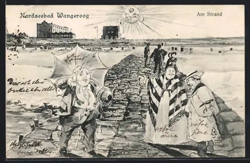 Künstler-AK Wangeroog, Spaziergänger am Strand