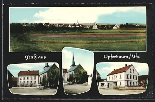 AK Opferbaum /Ufr., Bäckerei Rudolf Firsching, Ortspanorama, Kirche