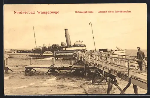 AK Wangerooge, Ostanlegebrücke, Ankunft eines Lloyddampfers